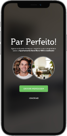 Celular com o aplicativo Quero Lar aberto, mostrando a mensagem Par Perfeito!