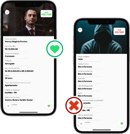 Dois celulares com o aplicativo Quero Lar mostrando dois perfis de inquilino e fazendo uma comparação entre os dois.